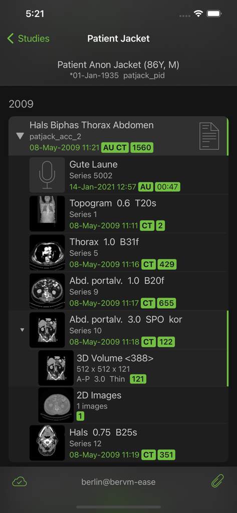 Visage Ease - Mobile view of the Patient Jacket screen in Visage Ease displaying a list of CT scan imaging series and medical studies for a patient