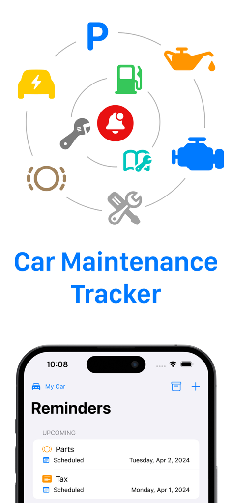 Car Maintenance Tracker - MPG - Aplicativo Car Maintenance Tracker mostrando ícones de serviço de veículo e lembretes de manutenção futuros em um iPhone.