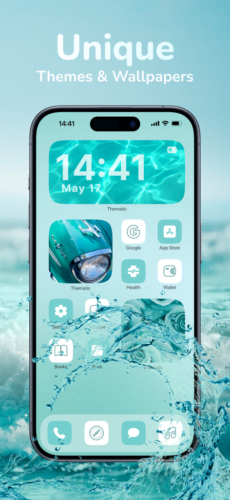 Thematic - Top Color Widgets - iPhone screen showing a unique teal water aesthetic theme with customized widgets and app icons.