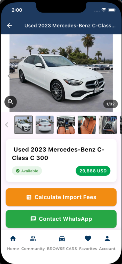 HARAJOHIO CARS - HARAJOHIO CARS app interface showing a used 2023 Mercedes-Benz C300 listed for 29,888 dollars with options to calculate import fees or contact via WhatsApp.