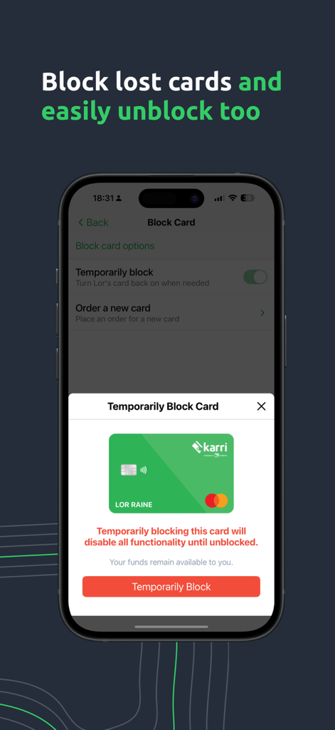 Karri mobile app interface showing the option to temporarily block a lost card for security and safety.