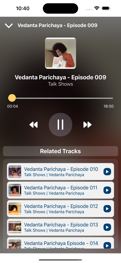 Prasanthi Connect - Audio player screen for spiritual talk shows in the Prasanthi Connect app featuring Sri Sathya Sai Baba.
