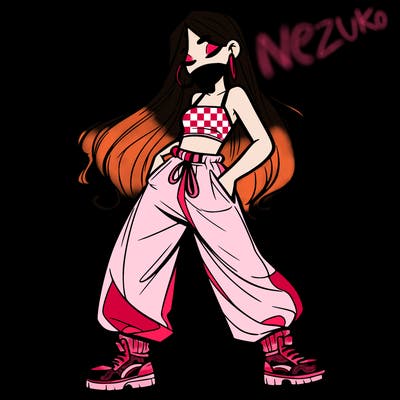 girl in baggy pants crop top and long hair