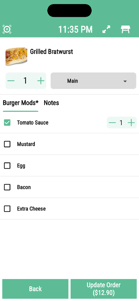 Mobile point of sale screen for customizing a grilled bratwurst order with toppings