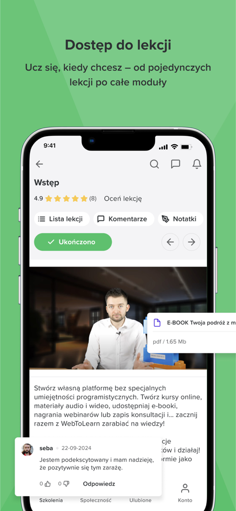 Web To Learn GO Mobile App zeigt eine Videounterrichtsoberfläche mit Kommentaren von Studenten und Kursnotizen