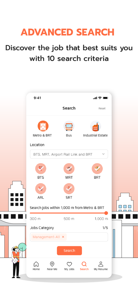 JobThai Jobs Search - Advanced search interface of JobThai app showing filters for public transit including BTS and MRT