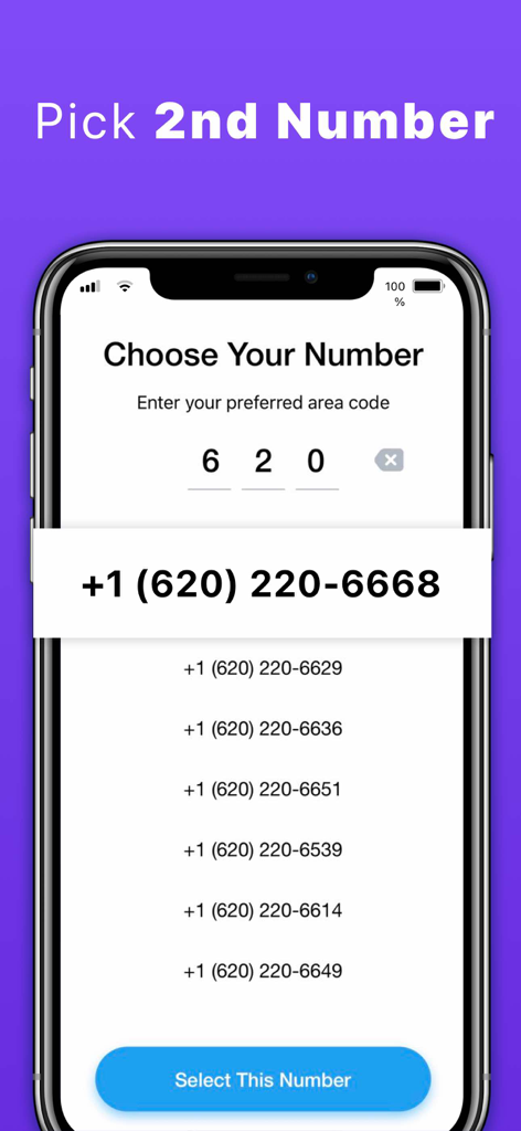 Text App: Wifi Calling+Texting - Pantalla mostrando opciones para elegir un segundo número de teléfono por código de área.