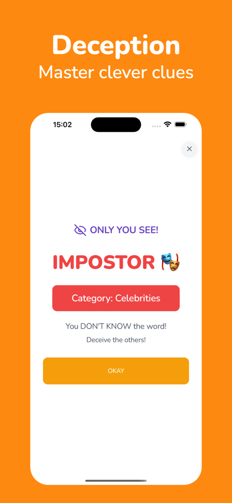 Impostor Who? Secret Word Game - Uma captura de tela do jogo Impostor Who mostrando a revelação do papel do impostor para a categoria de palavras Celebridades.