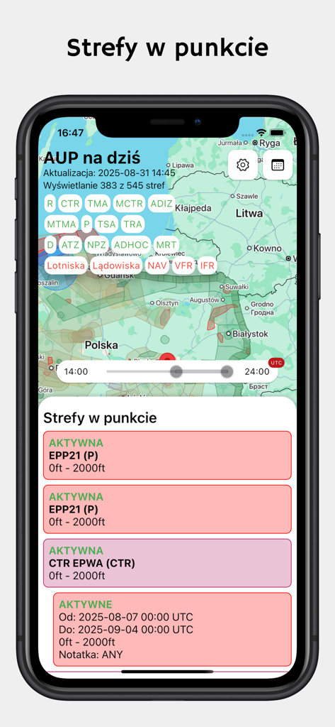 App mobile AUP w Polsce che mostra una mappa delle zone di volo attive e dello stato dello spazio aereo in Polonia