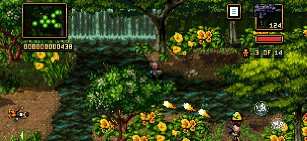 Shakedown: Hawaii - Gameplay de pixel art de 16 bits de Shakedown Hawaii em um cenário de selva com uma cachoeira e flores