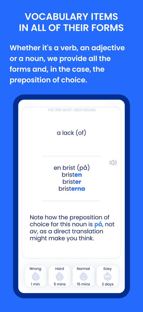 Mjølnir Swedish - Mjolnir Swedish app interface showing vocabulary forms and grammar notes for nouns
