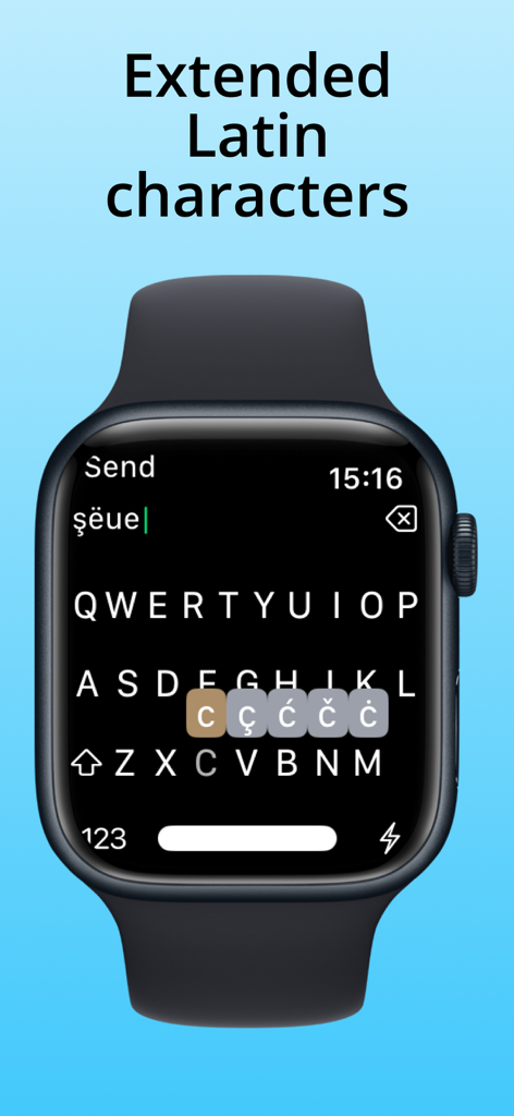 Pantalla de Apple Watch mostrando un teclado QWERTY con un menú emergente para seleccionar caracteres latinos extendidos como acentos y cedillas