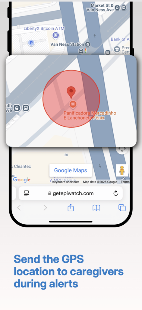 EpiWatch - Seizure Monitor - Smartphone showing GPS location sharing with caregivers during a seizure alert