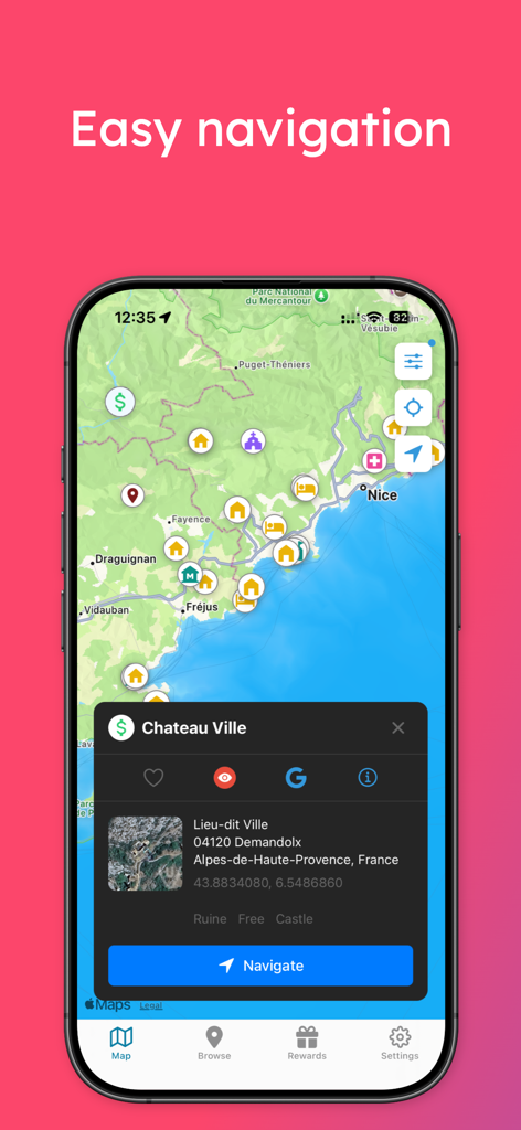 UrbexVault - UrbexVault app interface displaying an interactive map with abandoned site coordinates and a navigation button.