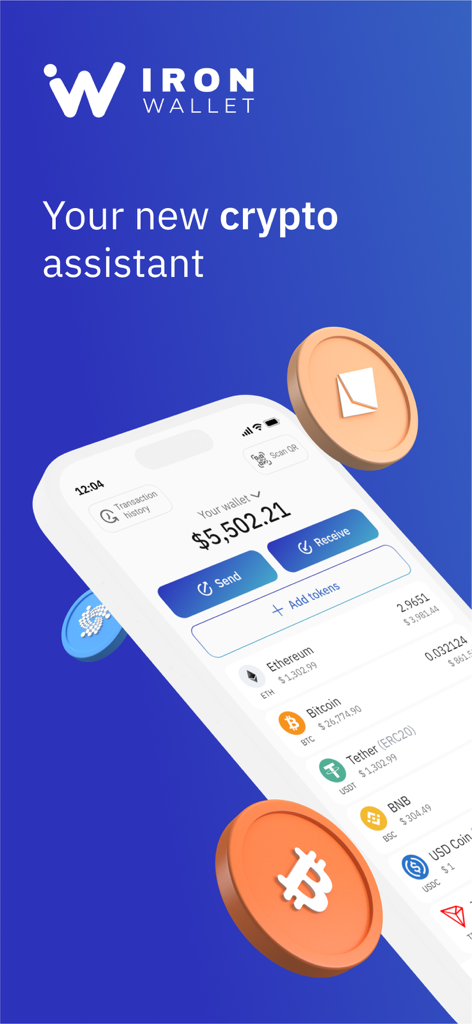 IronWallet App-Oberfläche, die ein Kryptowährungs-Wallet-Dashboard mit Token-Guthaben anzeigt