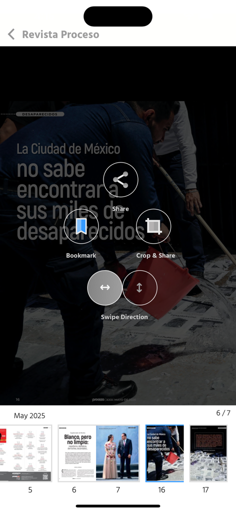 Mobile interface of Revista Proceso magazine app showing an investigative article and page navigation