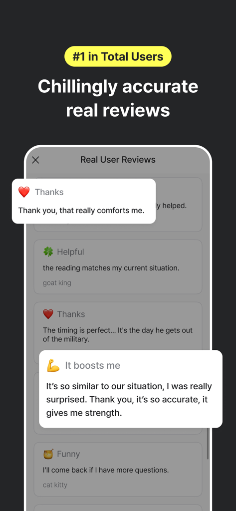 Smartphone screen showing real user testimonials for HelloBot app praising accurate astrology and tarot readings.