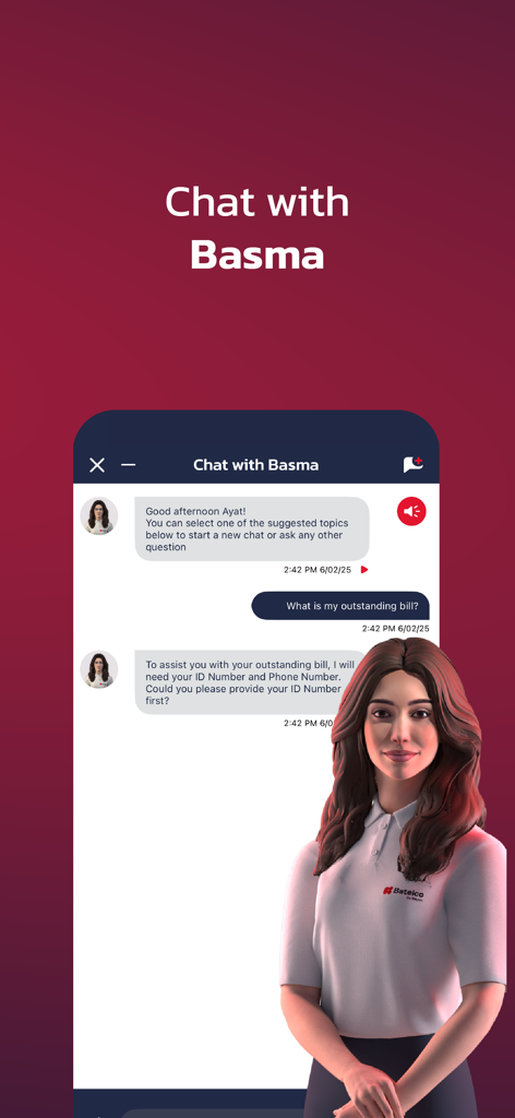 Batelco - Batelcoモバイルアプリのインターフェースで、AIデジタルアシスタントBasmaとの会話を表示