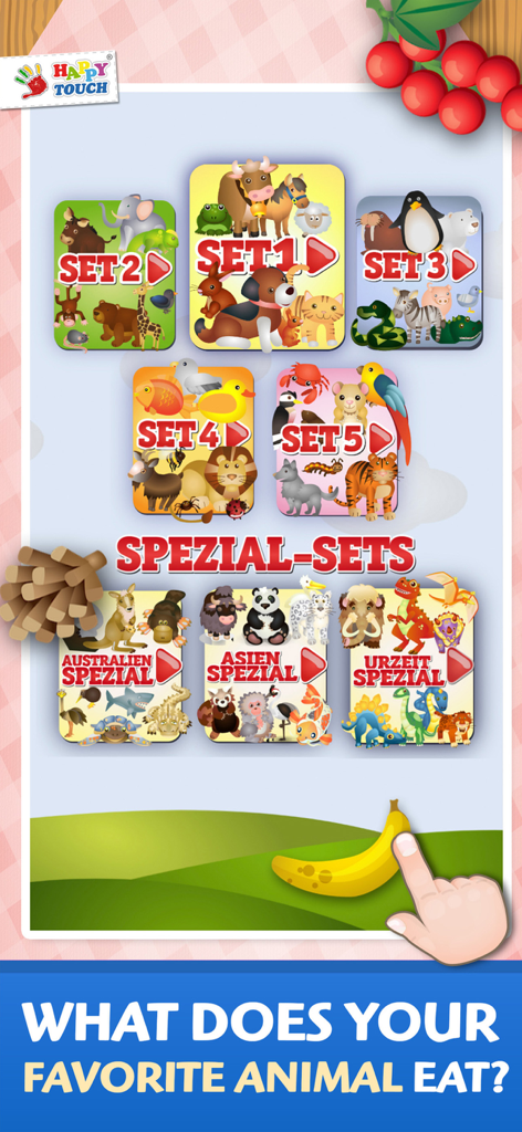ANIMAL-GAMES Happytouch® - A menu screen showing various animal sets and special regional themes in the Happy Touch educational game