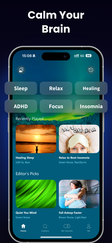 Sleep Dose: White Noise Remedy - Home screen of the Sleep Dose app displaying categories for Sleep, Relax, Healing, ADHD, Focus, and Insomnia with curated soundscapes.