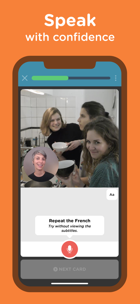 Seedlang app interface showing a French speaking lesson with video of native speakers and a record button