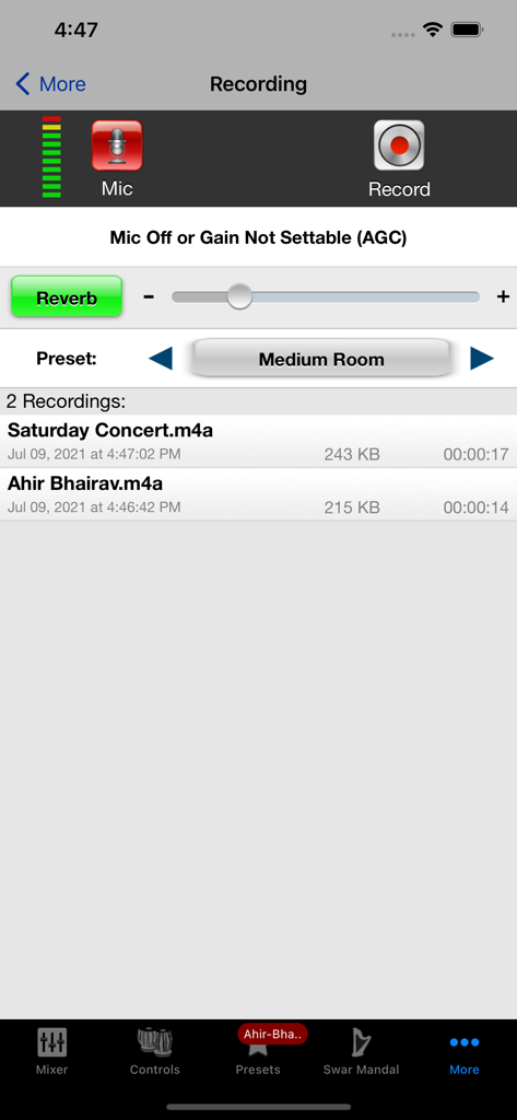 iTablaPro - Recording screen of the iTablaPro app showing a list of saved audio files and reverb settings