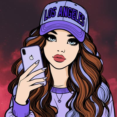 realistic beautiful girl wearing los ángeles cap holding an iphone