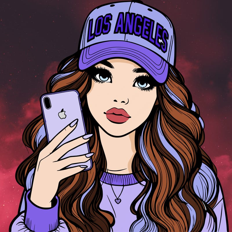 realistic beautiful girl wearing los ángeles cap holding an iphone