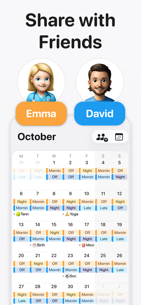 Supershift Shift Work Calendar - Interfaz de la aplicación Supershift que muestra un calendario mensual de trabajo por turnos compartido entre dos usuarios, Emma y David.