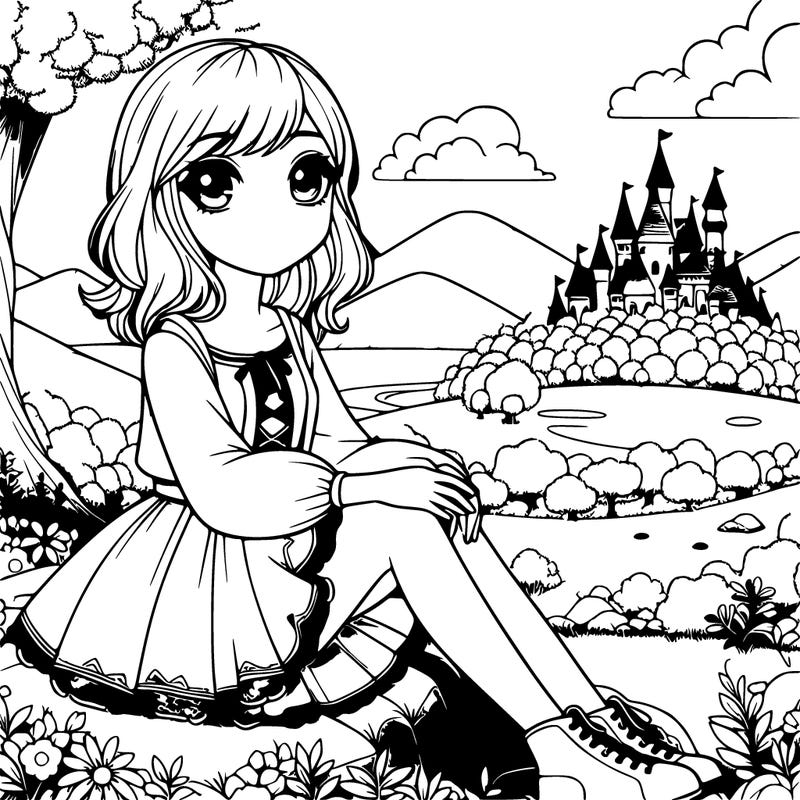 realistic girl sitting on far away hill in a magical world