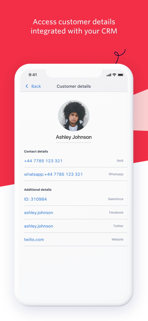 Interfaz móvil de Twilio Frontline mostrando detalles del cliente integrados con el CRM