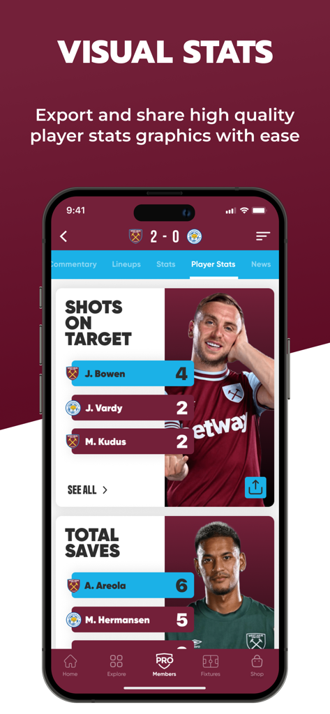 COYIrons 앱 인터페이스는 슈팅 수, 세이브 등 시각적인 선수 통계를 보여줍니다.