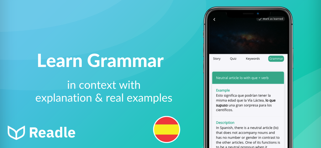 Readleアプリの画面、スペイン語の文法解説と実用例を表示