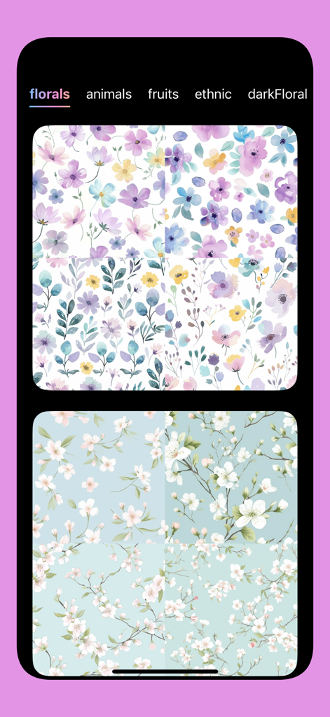 FloralTile -AI flower seamless - Interfaz de la aplicación FloralTile que muestra patrones florales perfectos de acuarela