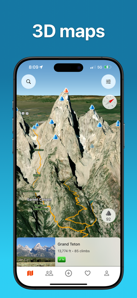 Peakery - Peakery mobile app showing a detailed 3D topographic map of Grand Teton for mountain hiking