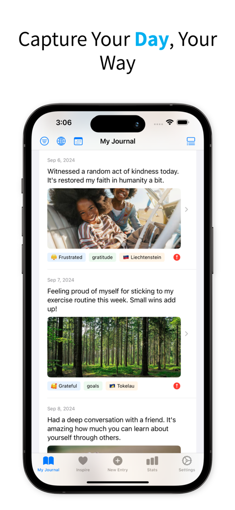 My Journal: Daily Mood Diary - A smartphone showing the feed of a journal app with photos and mood tags for each daily entry
