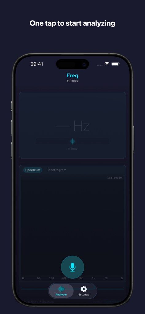 Freq. - Freq app interface on an iPhone displaying a frequency analyzer ready to start with a microphone button.