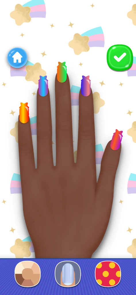Girls Nail Salon: Paint,Polish - Una mano con uñas acrílicas degradadas de arcoíris de colores en una interfaz de juego de salón de uñas digital.