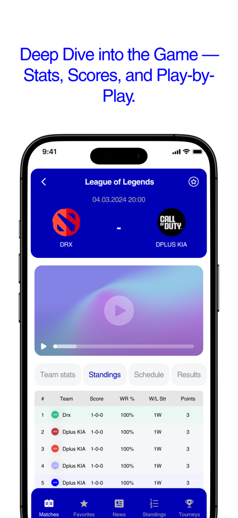 Escores Stats app interface showing League of Legends match details and team standings
