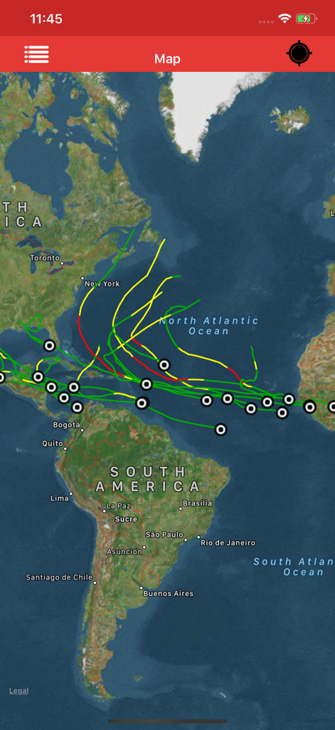 Kmz Viewer-Kmz Converter app - 大西洋を横断する色付きの空間データパスとマーカーを表示するKMZ Viewerアプリの衛星地図ビュー