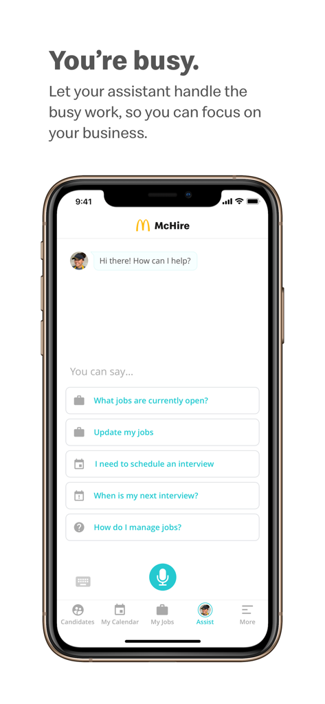 McHire - Écran de l'application McHire montrant l'assistant IA pour la gestion des offres d'emploi et des entretiens.