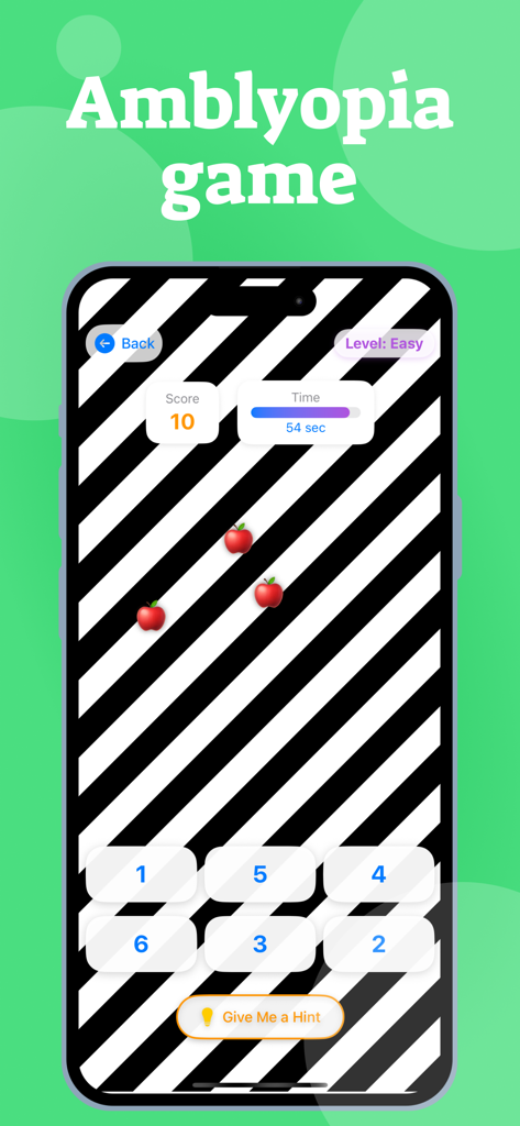 Lazy Eye & Amblyopia Exercise - A gamified eye training interface for amblyopia treatment featuring red apples on a striped background and numbered buttons.