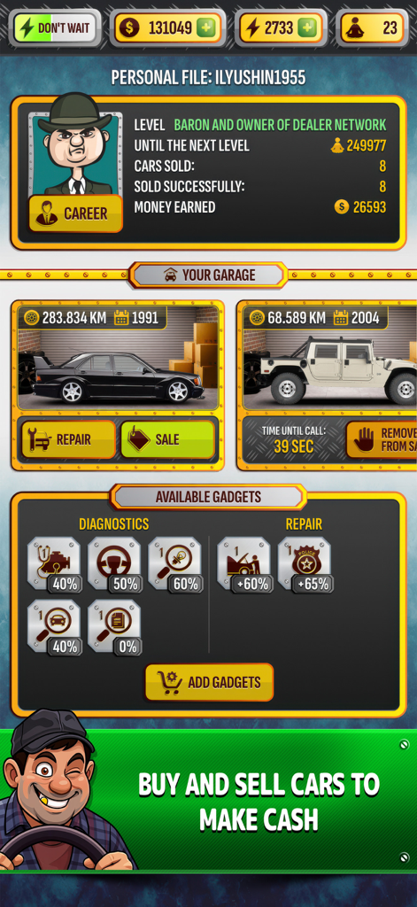 Cars Dealer Simulator - A mobile game screen from Cars Dealer Simulator showing a player's garage with a sedan and SUV, player stats, and diagnostic tools.