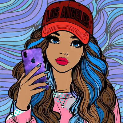 realistic beautiful girl wearing los ángeles cap holding an iphone