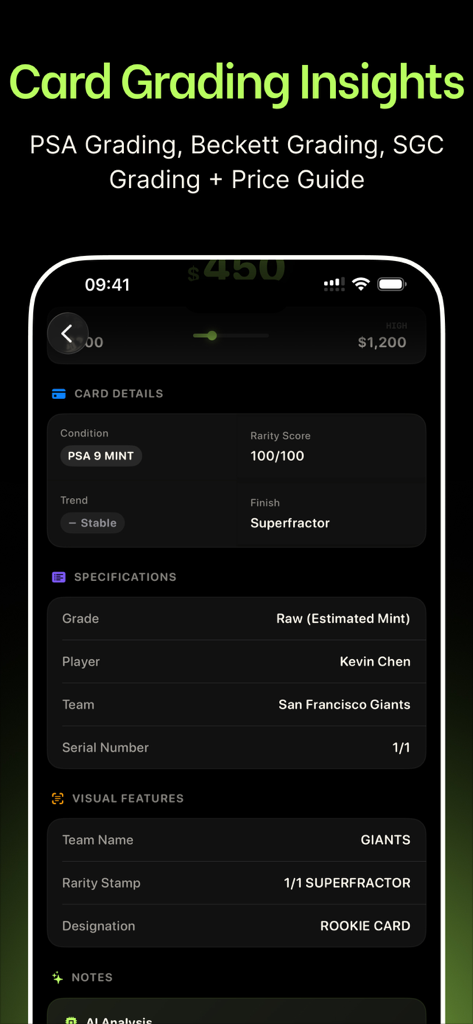 SnapCard: Sports Card Scanner - SnapCard app interface showing card grading insights and market value for a 1-of-1 Superfractor rookie card.