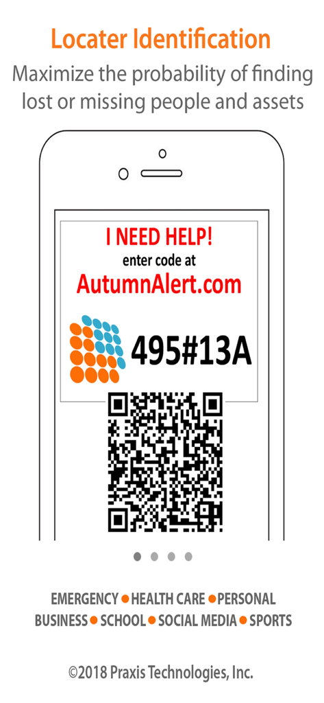 Autumn Alert: Personal Safety - Autumn Alert App zeigt eine Locator-Identifikationsfunktion mit einem Notfall-QR-Code und einer Hilfemeldung