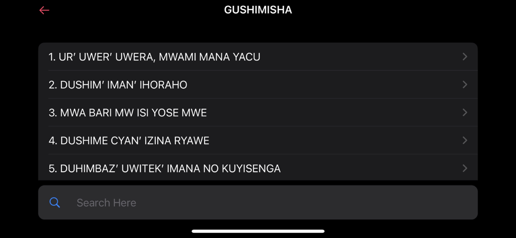List of Kinyarwanda hymns in the Igitabo Cy Indirimbo app with a search bar at the bottom