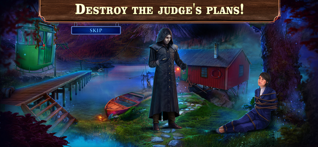 Una escena del juego de misterio Fatal Evidence 1 que muestra a un villano enmascarado y a una mujer atada en una isla neblinosa.