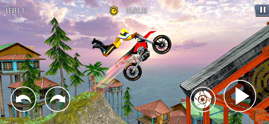 Bike Extreme 3D Pro Master - A motorcycle rider performing a midair stunt over a coastal village in Bike Extreme 3D Pro Master