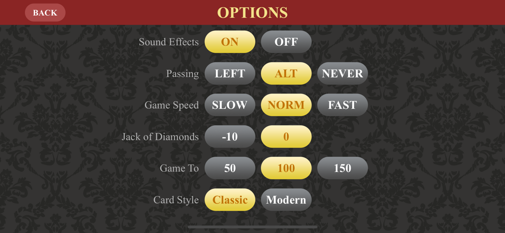 Das Optionsmenü im Hearts-Kartenspiel mit Einstellungen für Soundeffekte, Weitergeben, Spielgeschwindigkeit und Punktregeln
